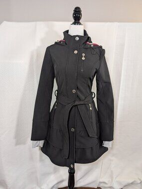 Betsey Johnson Black Softshell Hooded Trench Coat XS Tiered Hem Fleece Lined XS